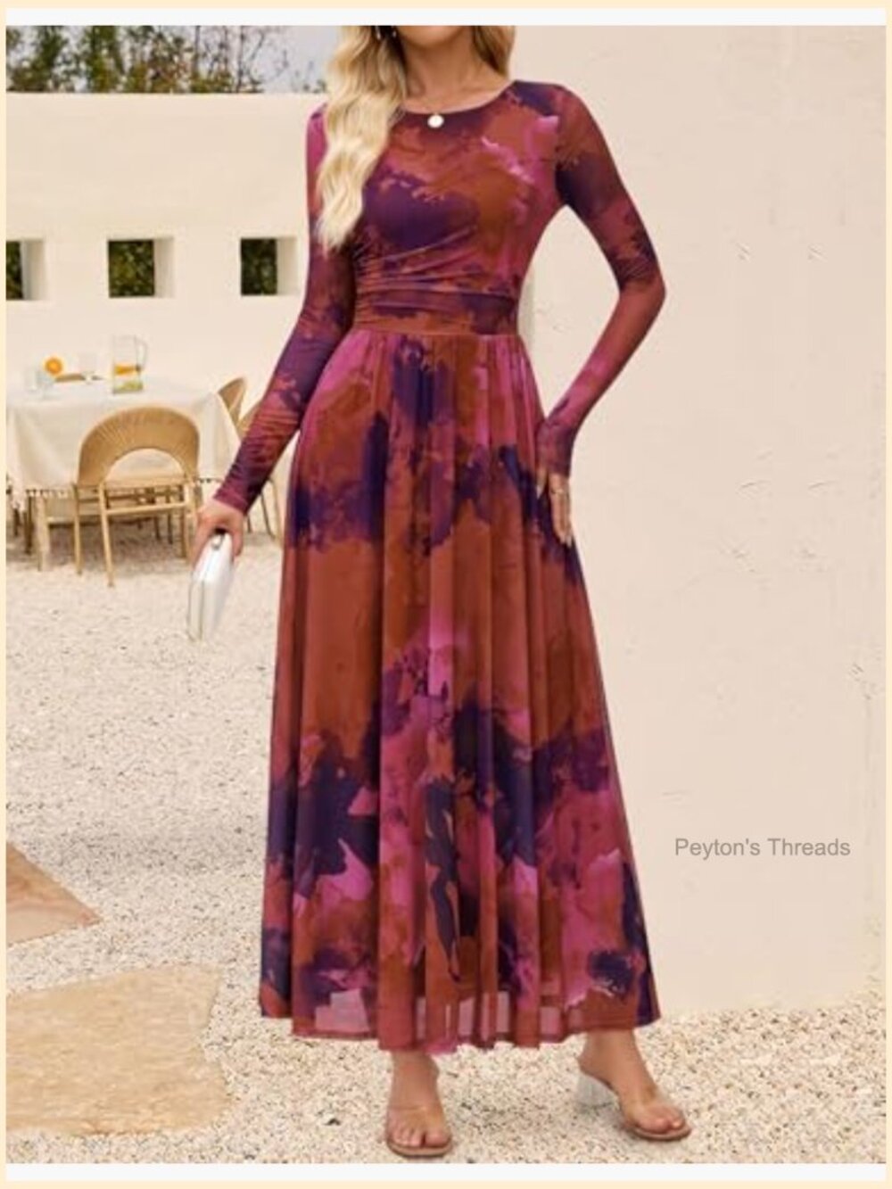 Long Sleeve Floral Print Mesh Ruched Maxi Dress Party Guest - Picture 4 of 7